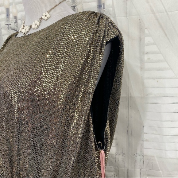 Alex Marie Dress Sequins Metallic Gold Black Sleeveless Faux Wrap Gown Formal - Picture 12 of 13